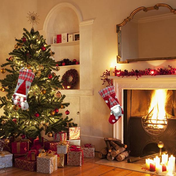 Christmas Stockings New Set 3D Gnomes Santa Christmas Stockings Personalized Soft Classic Red and Grey Fireplace Hanging