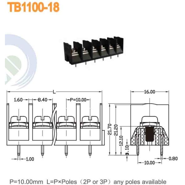 Pitch 10.00mm Barrier Terminal Block 600V 30A 10-22AWG PBT M3.5 Power Terminal Blocks