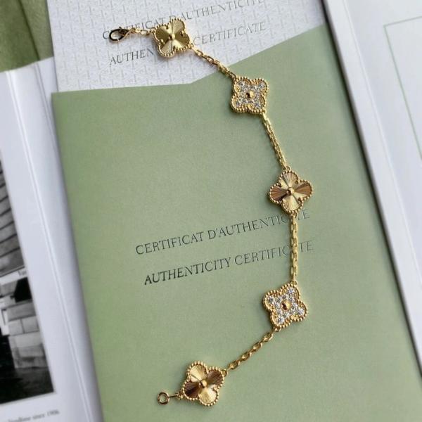 18k Solid Gold Bracelet Natural Diamond Replica Jewelry VAN Four Leaf Clover