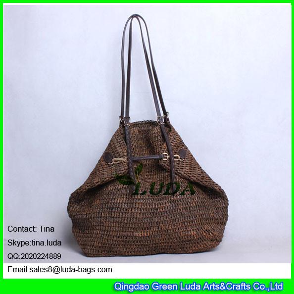 LUDA buckle handbags dark brown hand crochetting raffia straw bag