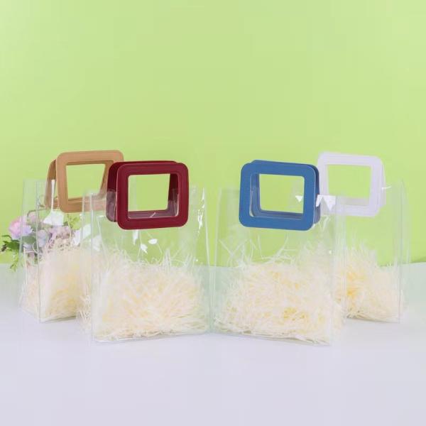 Leather Handle Reusable Handbag Transparent PVC Plastic Gift Wrap Tote Bag for BEACH BAG