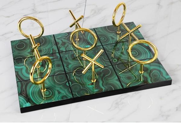 Green Marble Gold Metal XO Game Pieces Chess Decor
