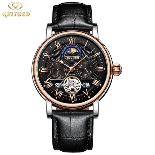 KINYUED Tourbillon automatic mechanical movement genuine leather waterproof  wrist watch