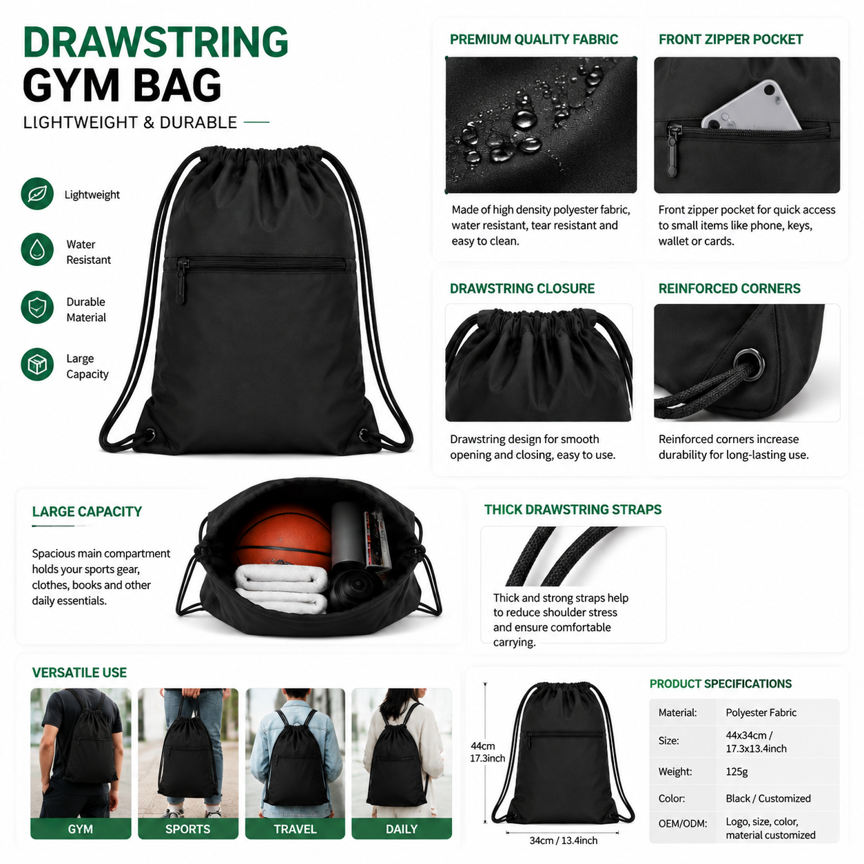 Lightweight Drawstring Backpack With Zipper Pocket And Durable Polyester Fabric For Gym, Travel, Sports And Daily Activities