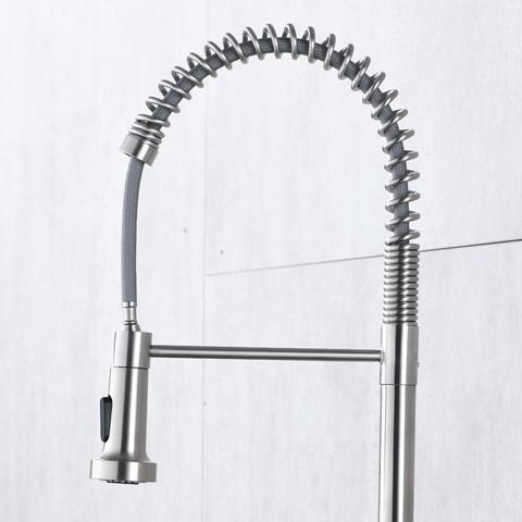 Single Lever Coil Spring High Arc Kitchen Faucet With Sprayer Brushed Nickel