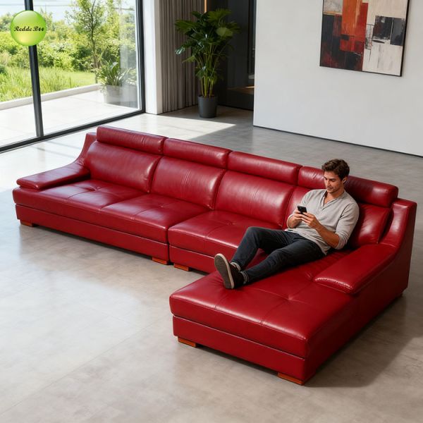 Bold Red Leather L - Shaped Sofa: Vibrant, Plush – Perfect for Lively Conversations