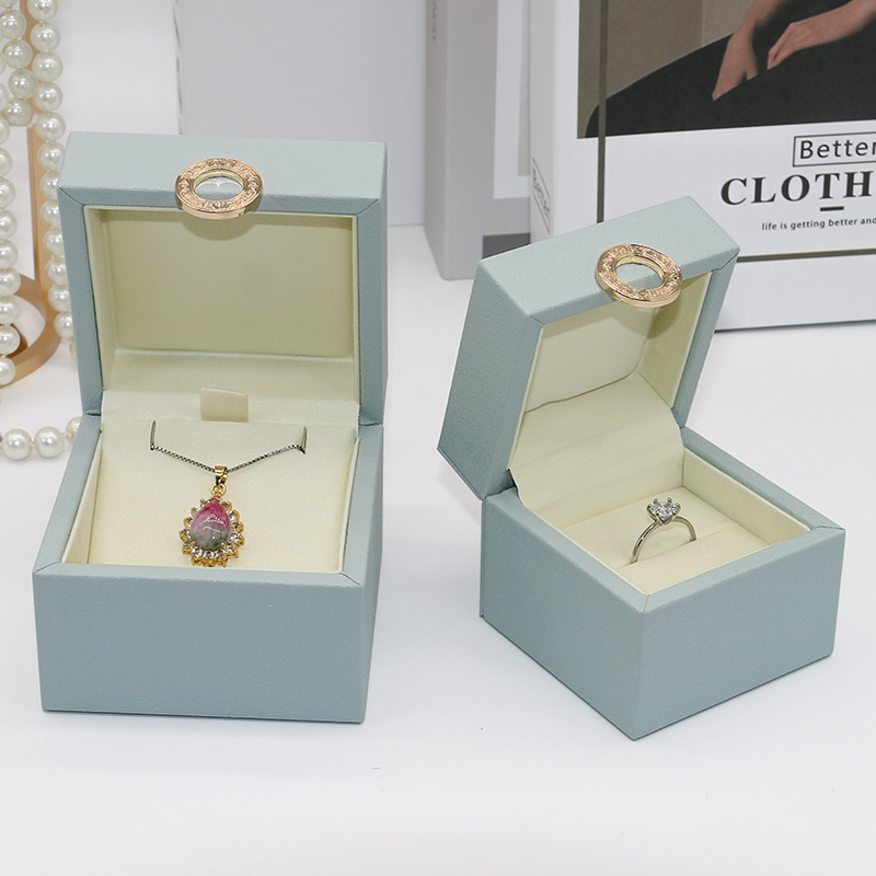 Custom High End PU Leather Jewelry Box Sky Blue Ring Pendant Bracelet Packaging Box