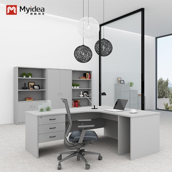 Curved L-shaped Modern Executive Desk with Cabinet Storage Single Computer Desk in Wood Style MFC
