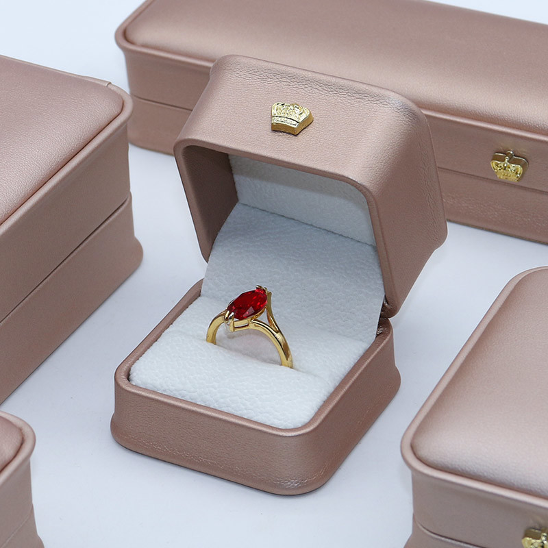 Pink PU Leatherette Jewelry Case Wedding Ring Box With Velvet Lining Elegant Packaging