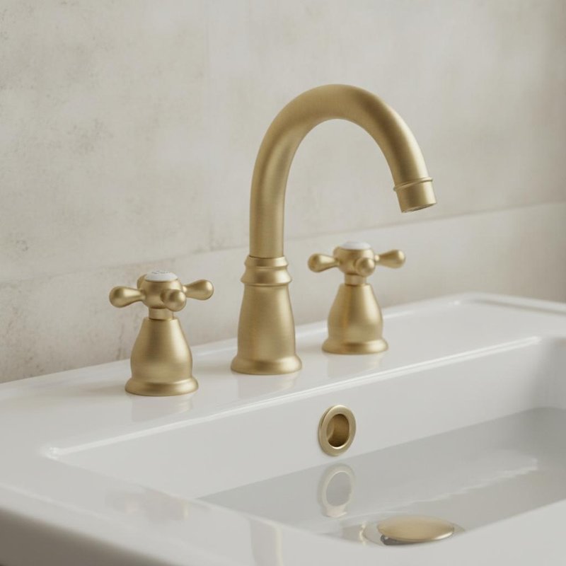 Classic Round Brass Basin Faucet Brushed Brass Finish Curved Spout with Pop Up Waste Set Traditional Style