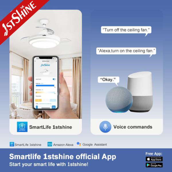 Bedroom Retractable Ceiling Fan With Light 3 Color Dimmable LED Light Remote Control