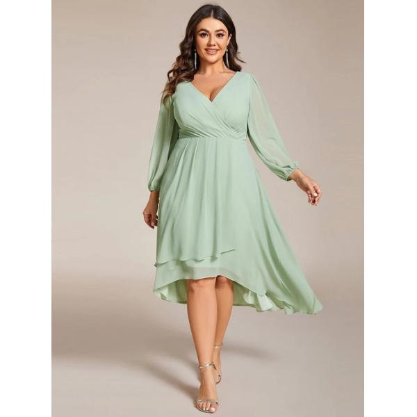 Plus Size Ruffled A-line Long Sleeve V-neck High Low Wedding Guest Dark Purple Chiffon Bridesmaid Dress 