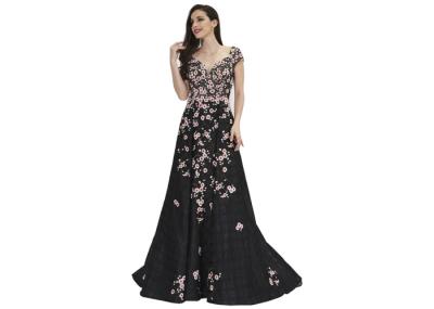 Organza Embroidery Flower Ladies Evening Dresses , Black Arabic Evening Gowns Dresses