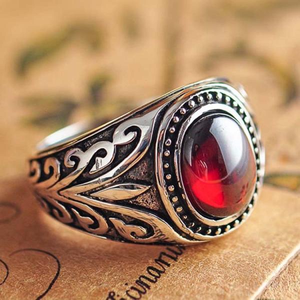 Mens Sterling Silver Retro Ring with Oval Created Garnet (XH037009RED)