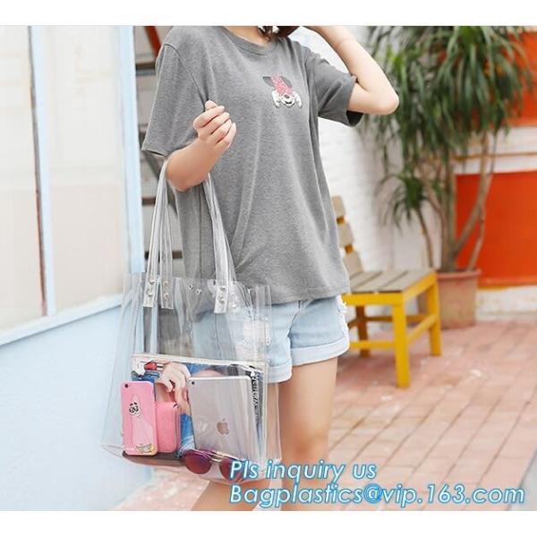 Tote Bags PVC Beach Lash Package Tote Shoulder Bag with Interior Pocket, Waterproof Semi-clear Tote Bags Stripe PVC Shou