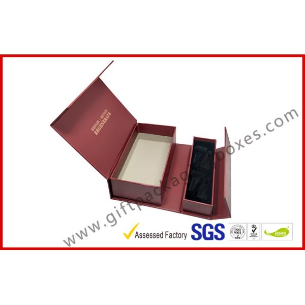 Creative red color magnet gift packaging box with gold foil , EVA foam with black velet