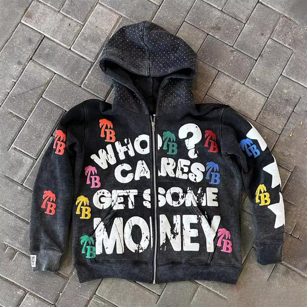 Zipper Puff Print Hoodie Vintage Washed 500gsm Heavyweight Oversized Raw Hem