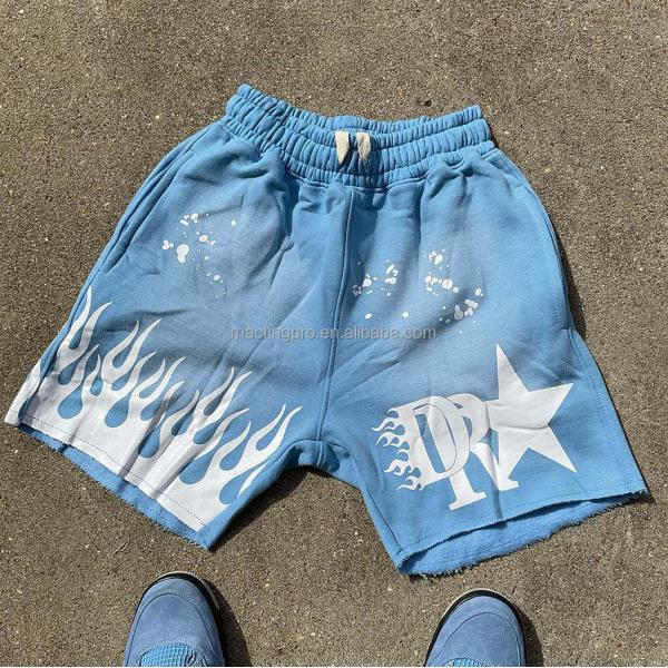 Blue Black Acid Wash Shorts Yellow Drawstring Closure Graphic Print Cotton French Terry Streetwear Shorts Men