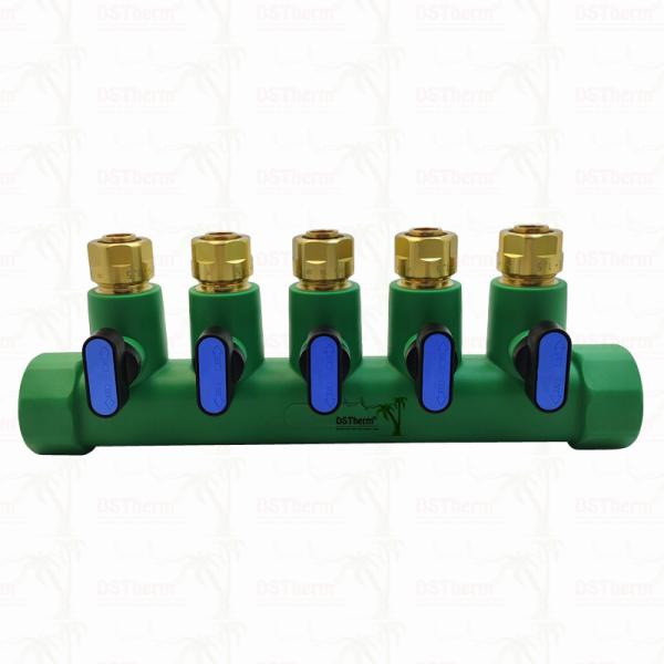 Colectores PPR azules con válvula de bola, colectores de 5 vías, color y logotipo personalizados, 25 mm