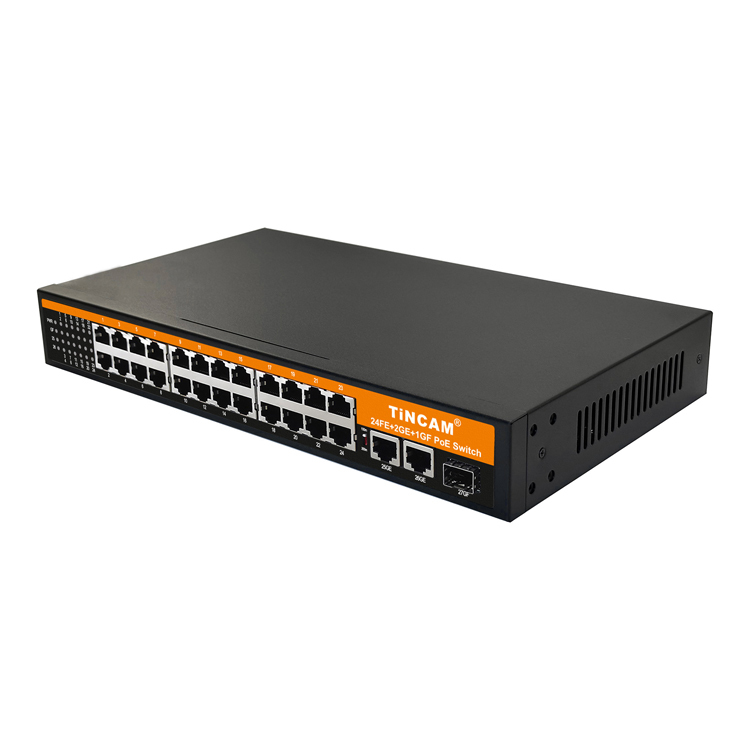 TiNCAM 27 Port PoE Switch 10/100Mbps 24 PoE Ports 2 Gigabit UPLINK 1 SFP Slot 100m/250m Transmission Modes 200W or 300W For IP Camera CCTV Surveillance TBC-PS4524N-3PF