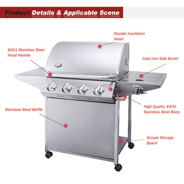 Easily Cleaned 4 1 Burners Stainless Steel Trolley Courtyard Outdoor BBQ Machine Gas Grill