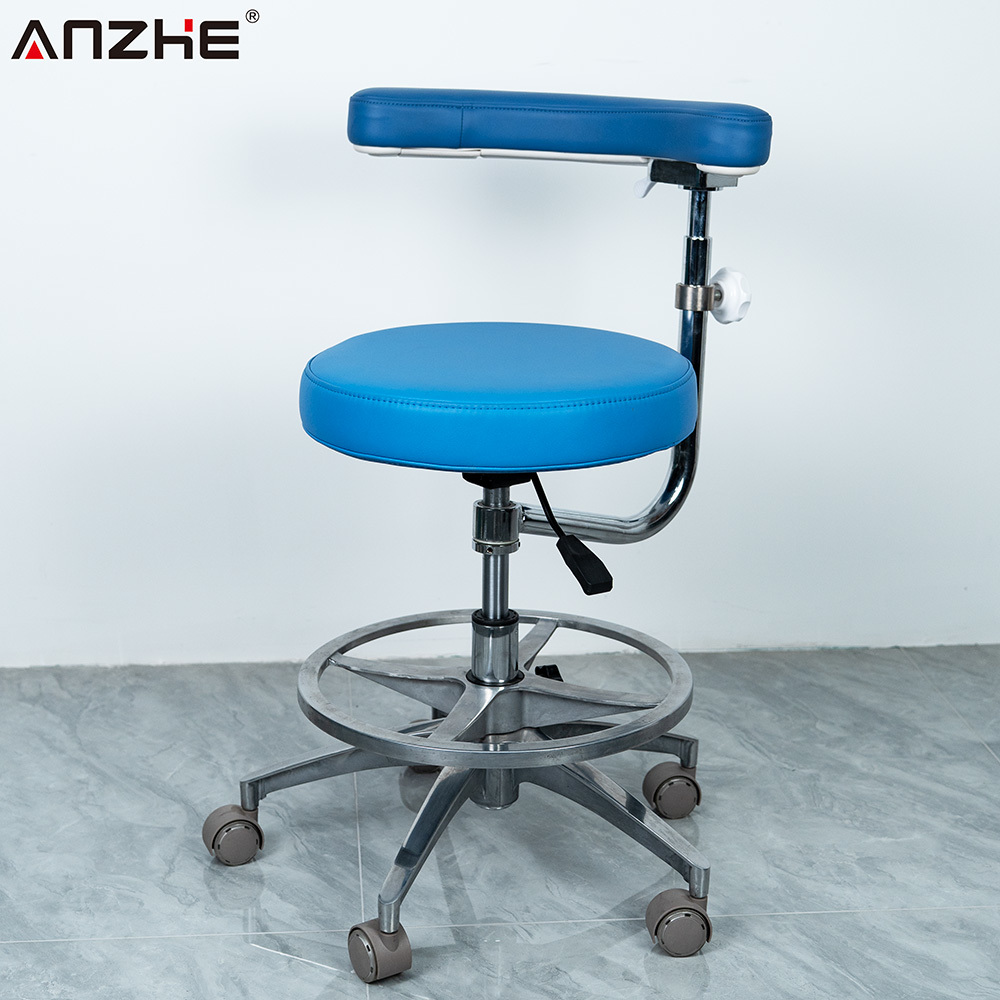 Ergonomic Dental Assistant Stool with 360 Degree Rotating Armrest Backrest Adjustable Height Foot Ring and Heavy Duty Casters