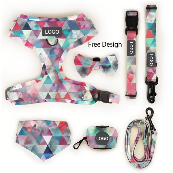 Custom Designers Dogs Logo Luxury Soft Padded Reversible Dog Harness Vest and Collar Leash Bow Bandana Pet Harness Sets
