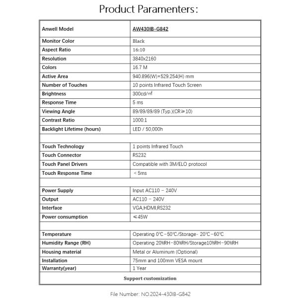 43inch 4K Gaming Infrared Touch Screen Side Edge LED Bezel For Cabinets And Industrial Enclosures
