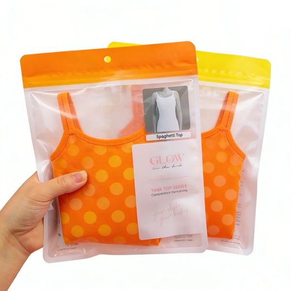Custom Logo Apparel Packaging Bag with Three Side Seal Clear Window Resealable Zipper Pouch Hang Hole for Tank Tops & Underwear