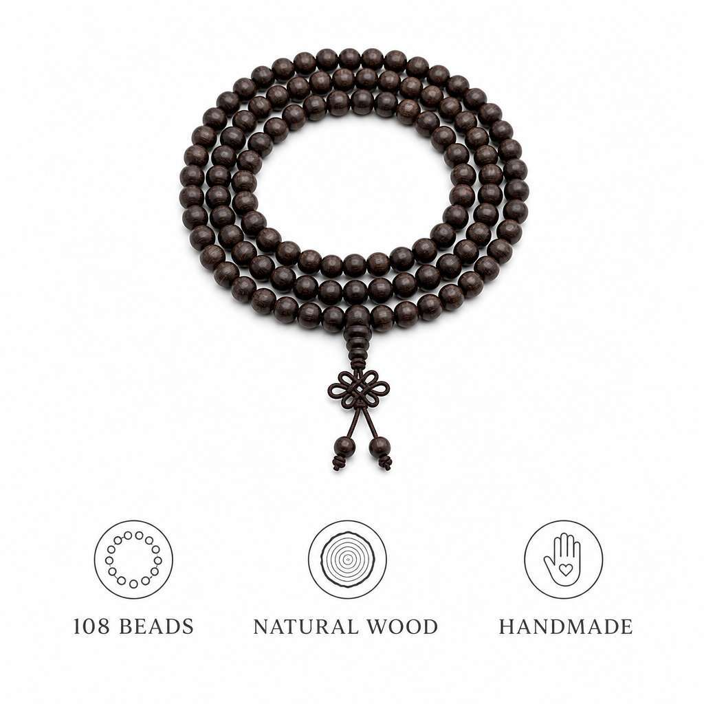 Natural Wenge Wood Taoist Bracelet 108 Beads Handmade Mala for Men with Traditional Tassel