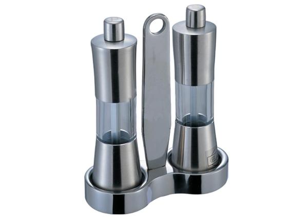 Stainless Steel Salt And Pepper Shaker And Mill , Commercial Buffet Supplies 2 Pieces Flavour Bottles Set With Handle