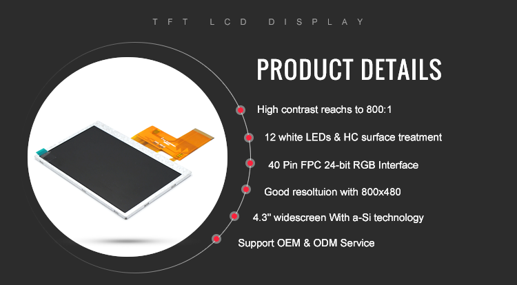 RoHS 800x480 4.3 Inch IPS TFT LCD Display 40 Pin With Touch Screen 24 BIT RGB Interface
