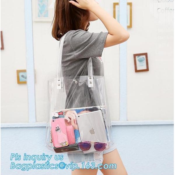 Tote Bags PVC Beach Lash Package Tote Shoulder Bag with Interior Pocket, Waterproof Semi-clear Tote Bags Stripe PVC Shou