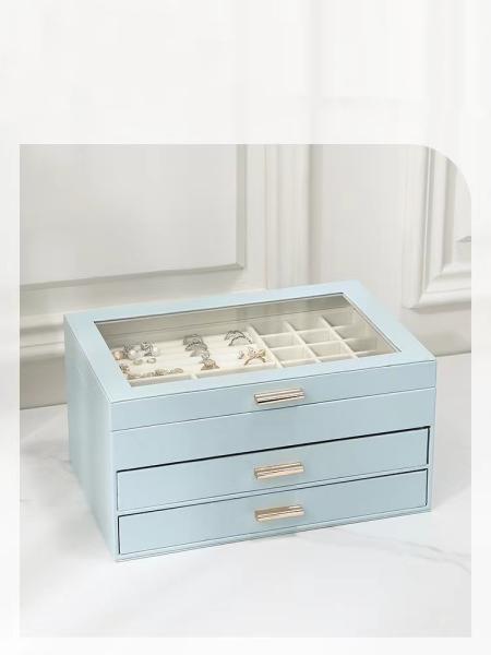 Metal Leatherette Light Blue Jewelry Cases Durable Jewelry Box With Window