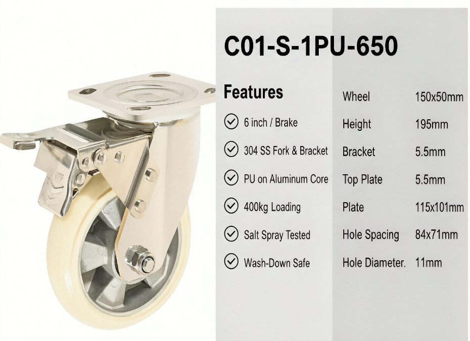 304 Stainless Steel Fork 400 Kg Heavy Duty 6 Inch Brake Lockable Caster Corrosion-resistant