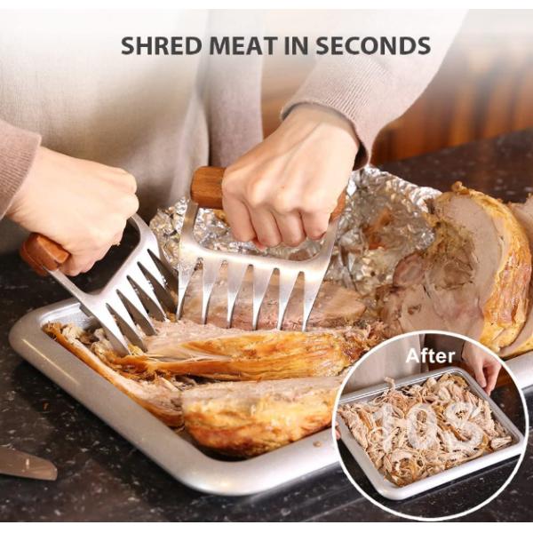Metal Meat Shredder Claws Stainless Steel Meat Forks with Wooden Handle for Shredding