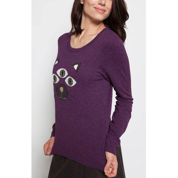 Applique Embroidery Purple Knit Pullover Sweater Cute 12gg Gauge For Winter