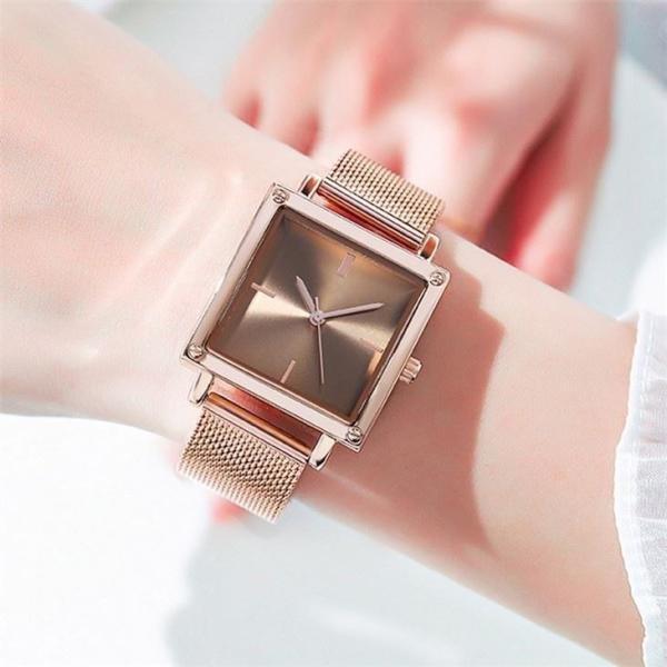 Leather / Mesh Strap Women Quartz Wrist Watch 30M Life Waterproof Square Non Scale Dial