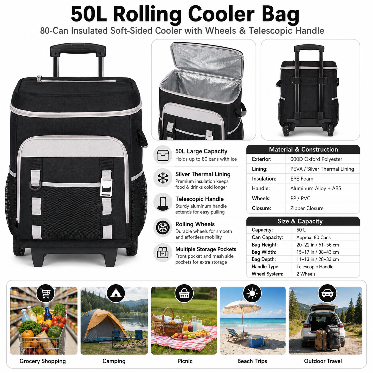 50L Rolling Cooler Bag with Wheels, 80-Can Large Insulated Soft Cooler with Telescopic Handle, Collapsible Trolley Cart for Grocery Shopping, Camping & Outdoor Travel
