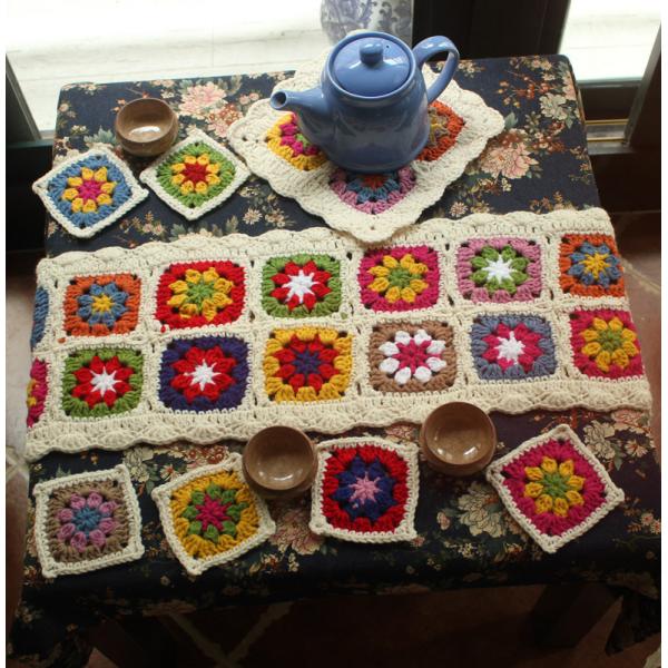 Y-F Nordic Country Rustic Crochet Blanket Farmhouse Plaid Flower Table Runner Teapot Pad coaster Set