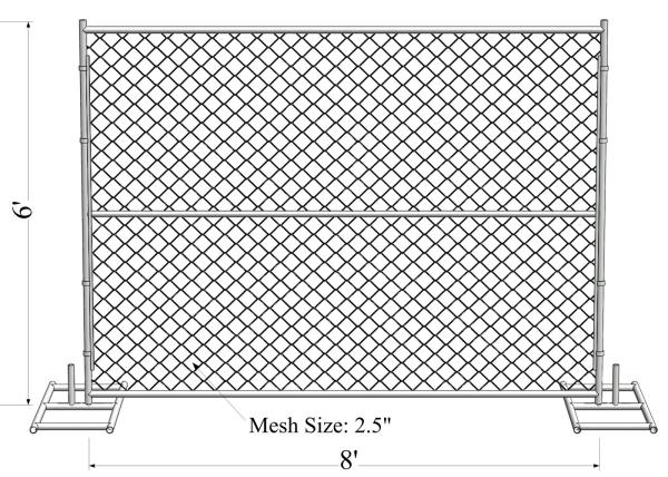 8ft x 10ft construction chain link fence opening 2⅜x2⅜(60mmx60mm)  tubing 16ga thick and diameter 11ga/2.90mm,11.5ga/2.7