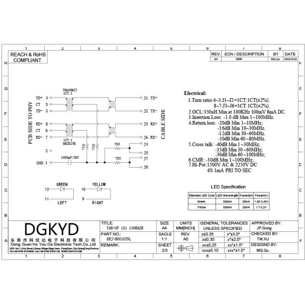 Shield RJ45 Modular Jack Female Magnetic Network Port With Lan Transformer