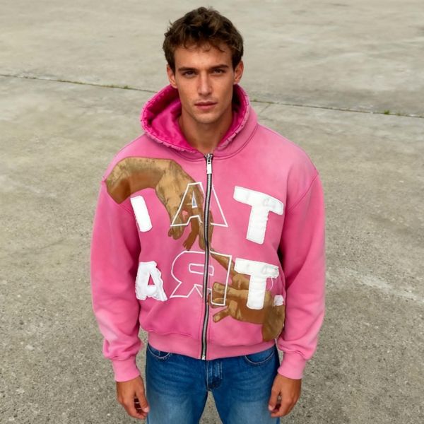 Custom Sunfaded Faded Distressed Zip up Heavyweight Hoodie for Men Streetwear Boxy Oversized Acid Wash Print Embroidery Hoodie
