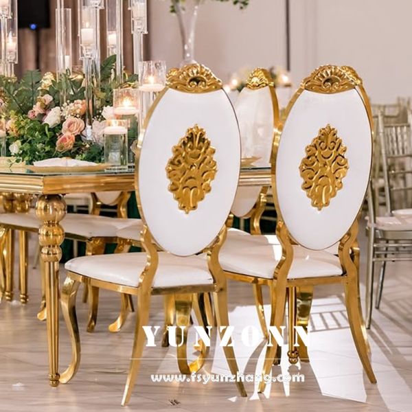 Modern Gold Stainless Steel Oval Back Chair with Leather for Dining Hall Hotel and Wedding Contemporary Style for Apartment