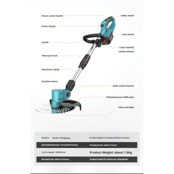 3000 Мах литий без щетки Электрическая садовая газонокосилка Уменьшение шума Легкая