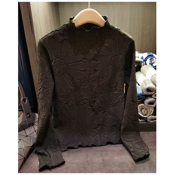 Japanese Pleated Stand Collar Long Sleeve T-shirt Top Printed Pleated Embodying Pleated Process Makes Flower Fashionable