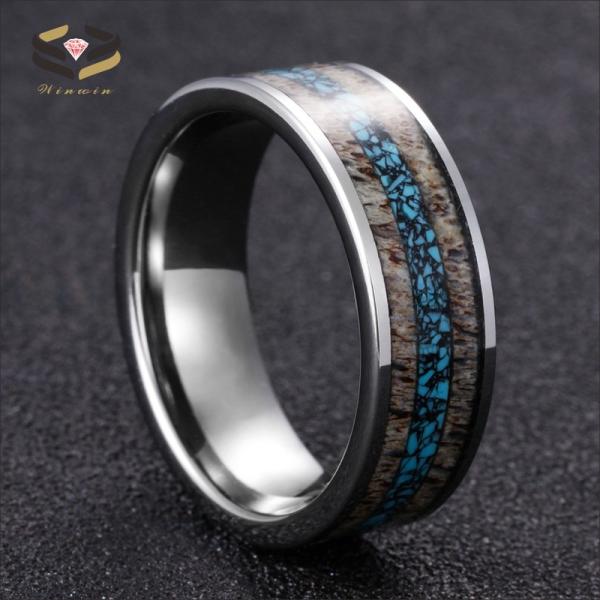 Mens Flat Silver Tungsten Wedding Bands 8mm Inlaid With Turquoise And Nature Antler