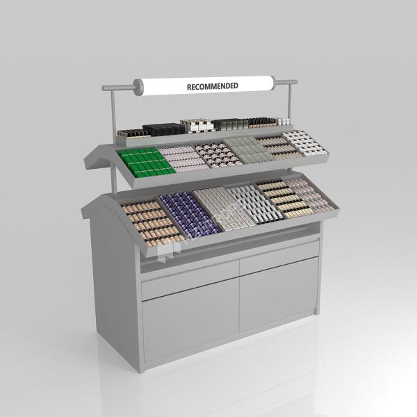 Retail Display Shelf Grey Wooden Sample Island For Customized Store Furniture And Cost-Effective Shop Table