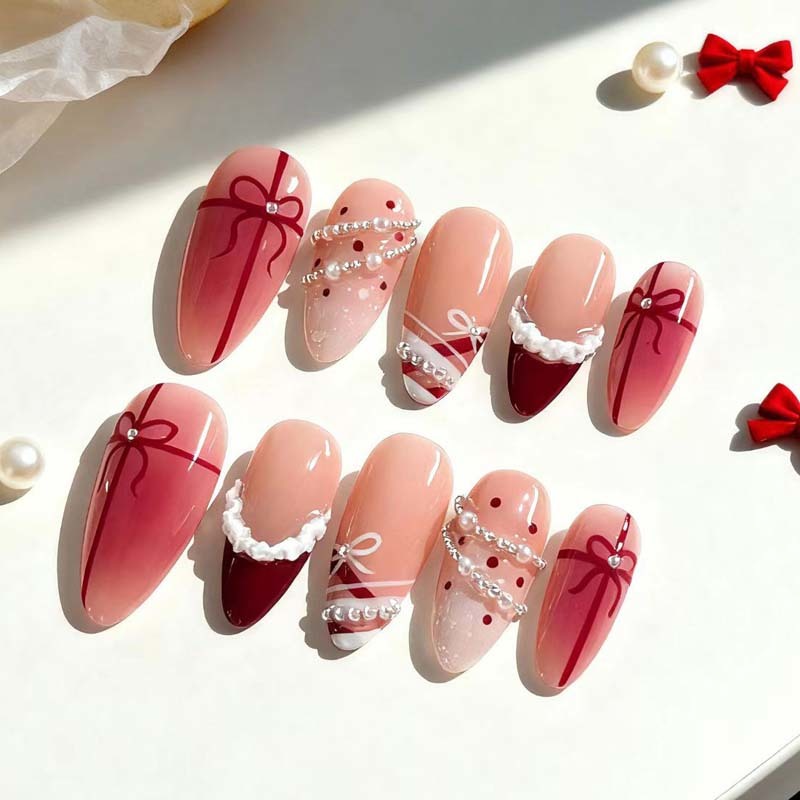 Medium Almond Christmas Tree Holiday False Nails No Nail Salon Visit Needed
