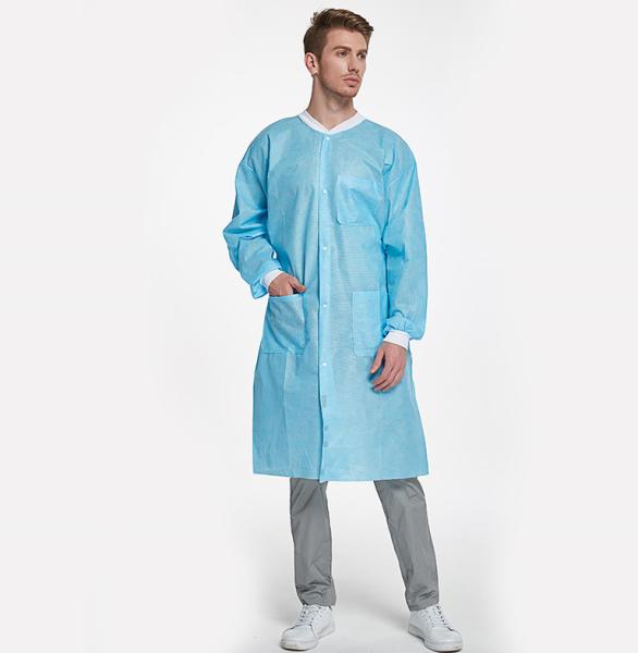 High Performance Premium Quality SMS Disposable Lab Coat With Knitted Cuffs and Collar Light Blue